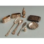 Collection of hallmarked silver and white metal items to include Victorian salt spoon, cigarette