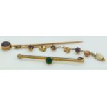 Edwardian stick pin set with amethysts and seed pearls and a 9ct gold brooch