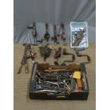 Vintage tools including spanners, tap and dies set hand cranked grindstone, drills, drill bits,