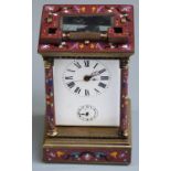 Late 19th/ early 20thC brass carriage clock with enamelled decoration to case and pillared