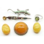 An amber brooch, amber earrings, silver brooch set with citrine and agate, a silver lizard brooch