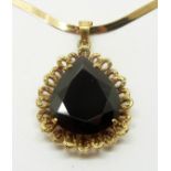 An 18ct gold pendant set with large pear cut garnet on a 10k gold ribbon necklace, 4g