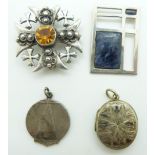 A silver brooch, Art Deco silver locket, white metal pendant set with sodalite and a Victorian