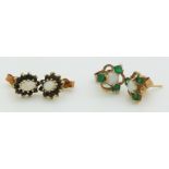 Two pairs of 9ct gold earrings, one pair set with an opal and emerald and the other with opal and