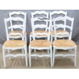 Set of six rush seated white painted chairs