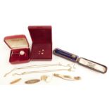 A 15ct gold stick pin set with a diamond in original Bristol box, 9ct gold chain, 9ct gold brooch