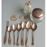 Five hallmarked silver spoons including Irish example and two white metal examples, weight 87g