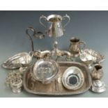 Silver plated ware to include large tray, length 46cm, tankard, pair of greyhounds and a large