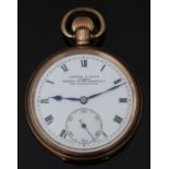 Kendal and Dent gold plated keyless winding open faced pocket watch with inset subsidiary seconds