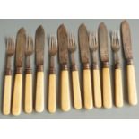 Six place setting fish eater set comprising six each forks and knives, Sheffield 1906 maker