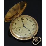 Junghans gold plated keyless winding full hunter pocket watch with subsidiary seconds dial, blued