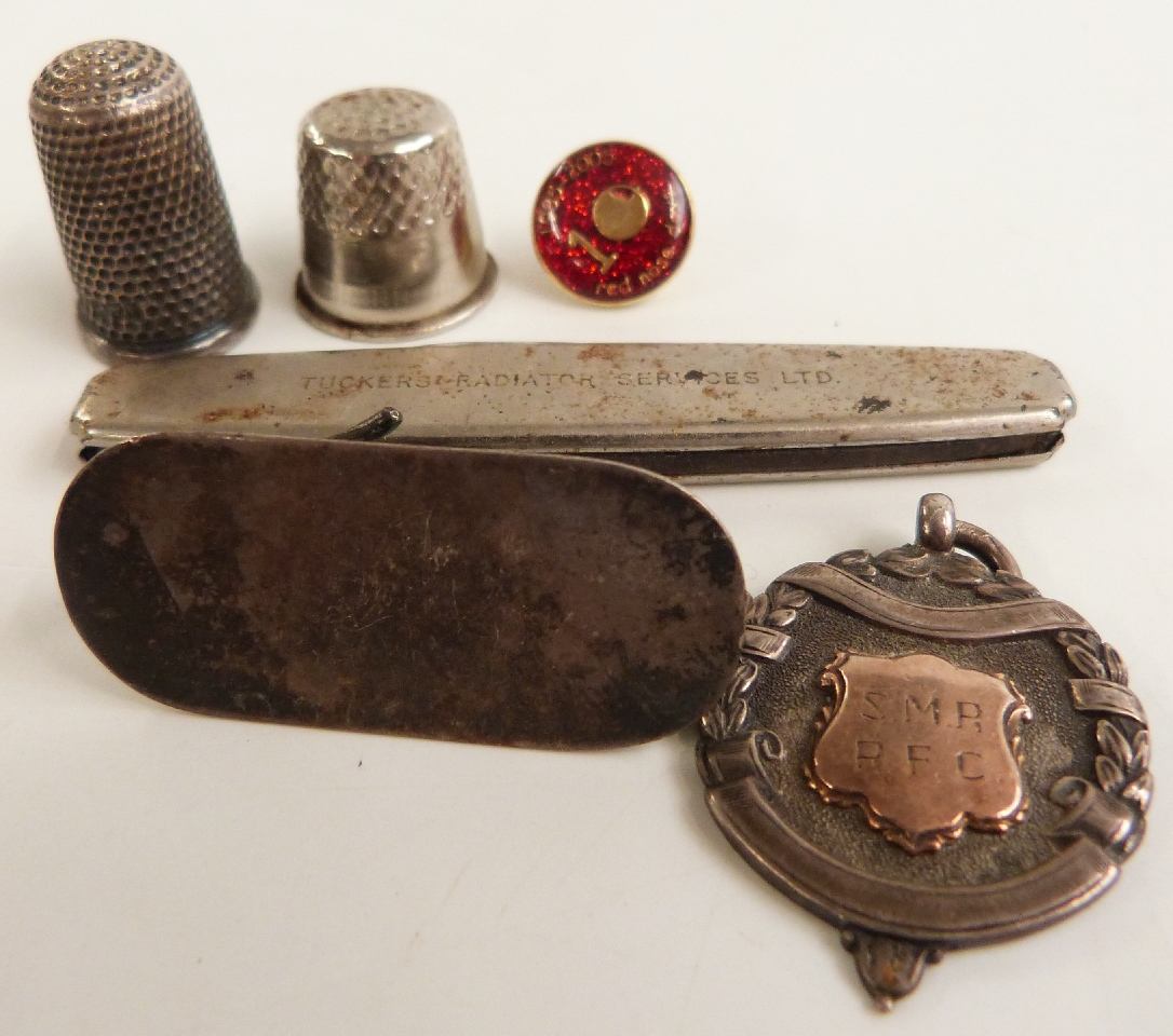 A hallmarked silver pencil, silver bangle, Charles Horner thimble, silver fob, silver ring, silver - Image 3 of 3