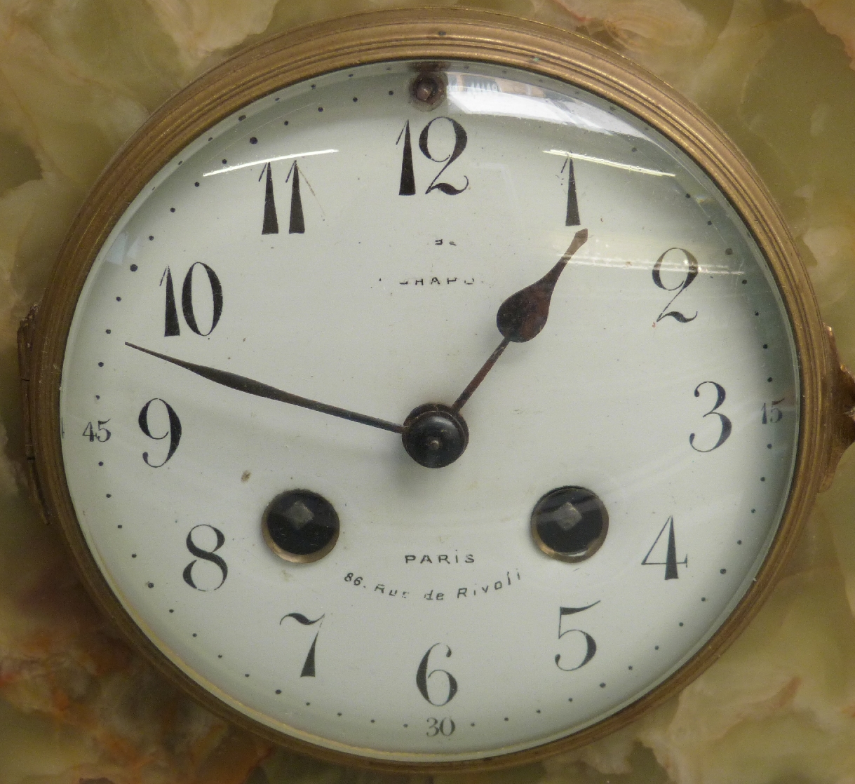 Late 19th/ early 20thC French architectural green onyx mantel clock, the numbered movement by Japy - Image 2 of 5