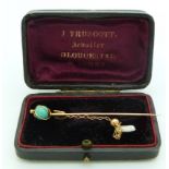 A 9ct gold stick pin set with a turquoise sphere and a drop section set with a pearl, in vintage