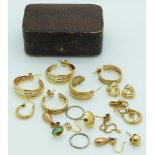 Six pairs of 9ct gold earrings and other odd 9ct gold earrings, 12g