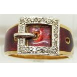 An 18ct gold ring set with red enamel and diamonds in the form of a buckle, with receipt, 7.8g, size