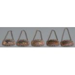 Set of five hallmarked silver bottle tickets or labels comprising sherry, whisky, port, brandy and
