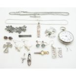 A collection of silver including fob watch, Albert, earrings, brooch, pendant etc