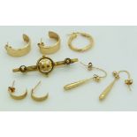 Three pairs of 9ct gold earrings and a 9ct gold brooch, Birmingham 1911, 4.6g