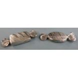 Two novelty hallmarked silver trinket pots formed as sweets, length 4.5cm weight 17g