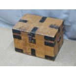 Metal bound pine trunk with handles to end, W45 x D33 x H31cm