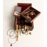 A collection of costume jewellery including paste pendant, coins, rolled gold heart locket, watch