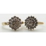 Two 9ct gold rings set with diamonds in a cluster, 5.6g,