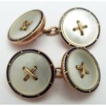 A pair of 9ct rose gold cufflinks set with mother of pearl and an enamel border, 6.1g