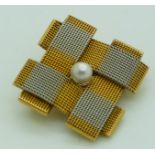 Yellow and white metal mesh brooch set with a pearl to the centre, 11.7g, 2.5cm