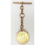 A 1913 gold full sovereign in 9ct rose gold fob setting, 14.1g