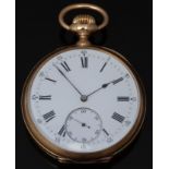 Swiss 18ct gold gentleman's keyless winding open faced pocket watch with inset subsidiary seconds