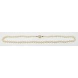 A single strand of cultured pearls with gold clasp set with a further pearl