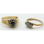 A 9ct gold ring set with a sapphire and diamonds and a 9ct gold ring set with paste, 5.0g