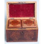 Georgian mahogany and parquetry inlaid tea caddy, the lid opening to reveal two similarly