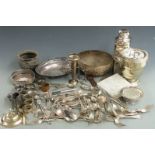 Silver plated ware to include faceted thermos type flask, cutlery, bowls etc