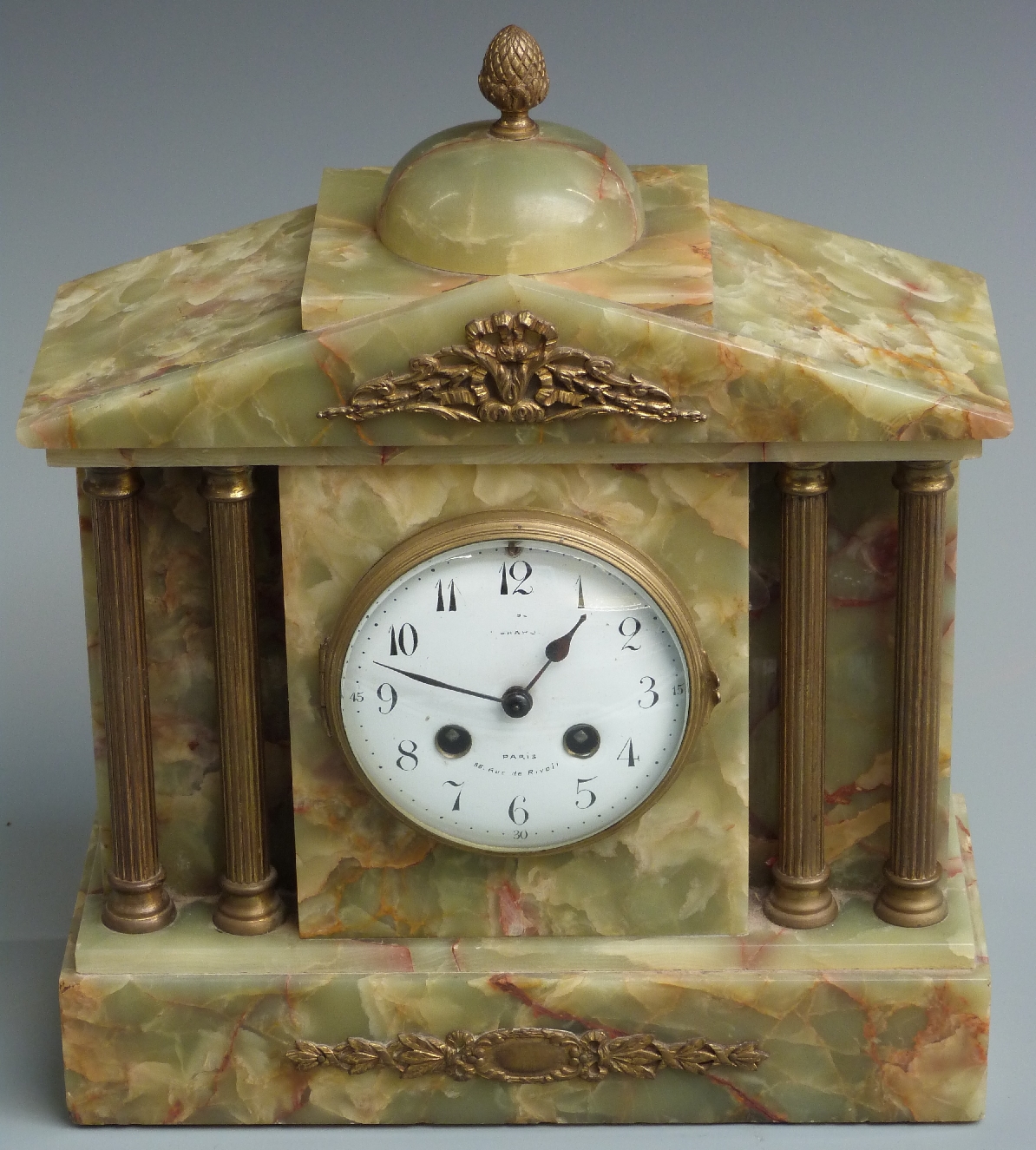 Late 19th/ early 20thC French architectural green onyx mantel clock, the numbered movement by Japy
