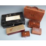 Japanese lacquer box, two Victorian rosewood boxes and a small leather suitcase
