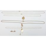 A pair of 9ct gold earrings, three 9ct gold necklaces and a 9ct gold pendant, 7.1g