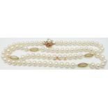 A single strand pearl necklace with 14k gold clasp, the pearls interspersed with gold cages