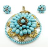 A continental pendant set with faux turquoise and gilt decoration and a pair of silver earrings