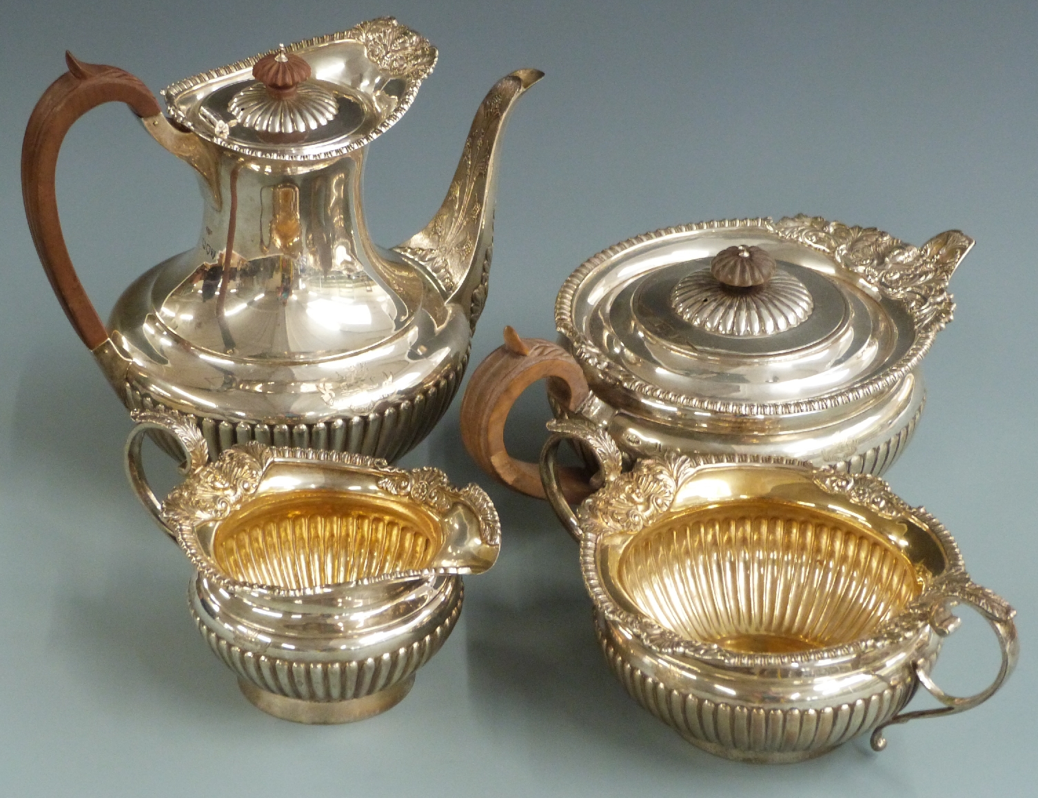 Victorian Elkington & Co. four piece hallmarked silver teaset with reeded lower section and