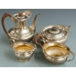 Victorian Elkington & Co. four piece hallmarked silver teaset with reeded lower section and