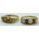 Two 9ct gold rings one set with opals and garnets, the other with citrines and seed pearls, 6.7g