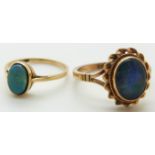 Two 9ct gold rings, one set with an opal doublet and the other an opal triplet, 3.9g