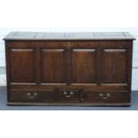 19thC oak coffer/chest with four fielded panel front and set with three drawers to base, each with a