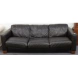 Brown leather three seater sofa, 215cm wide, and matching armchair, 92cm wide