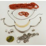 A silver necklace, two coral necklaces, silver bracelet, silver earrings etc