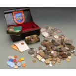 A collection of tokens, including 18thC medal coins, restrikes/ copy coins etc, in vintage cash box