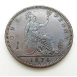 Victoria 1874 Heaton Mint young head penny, TB, linear circles, dark tone, VF