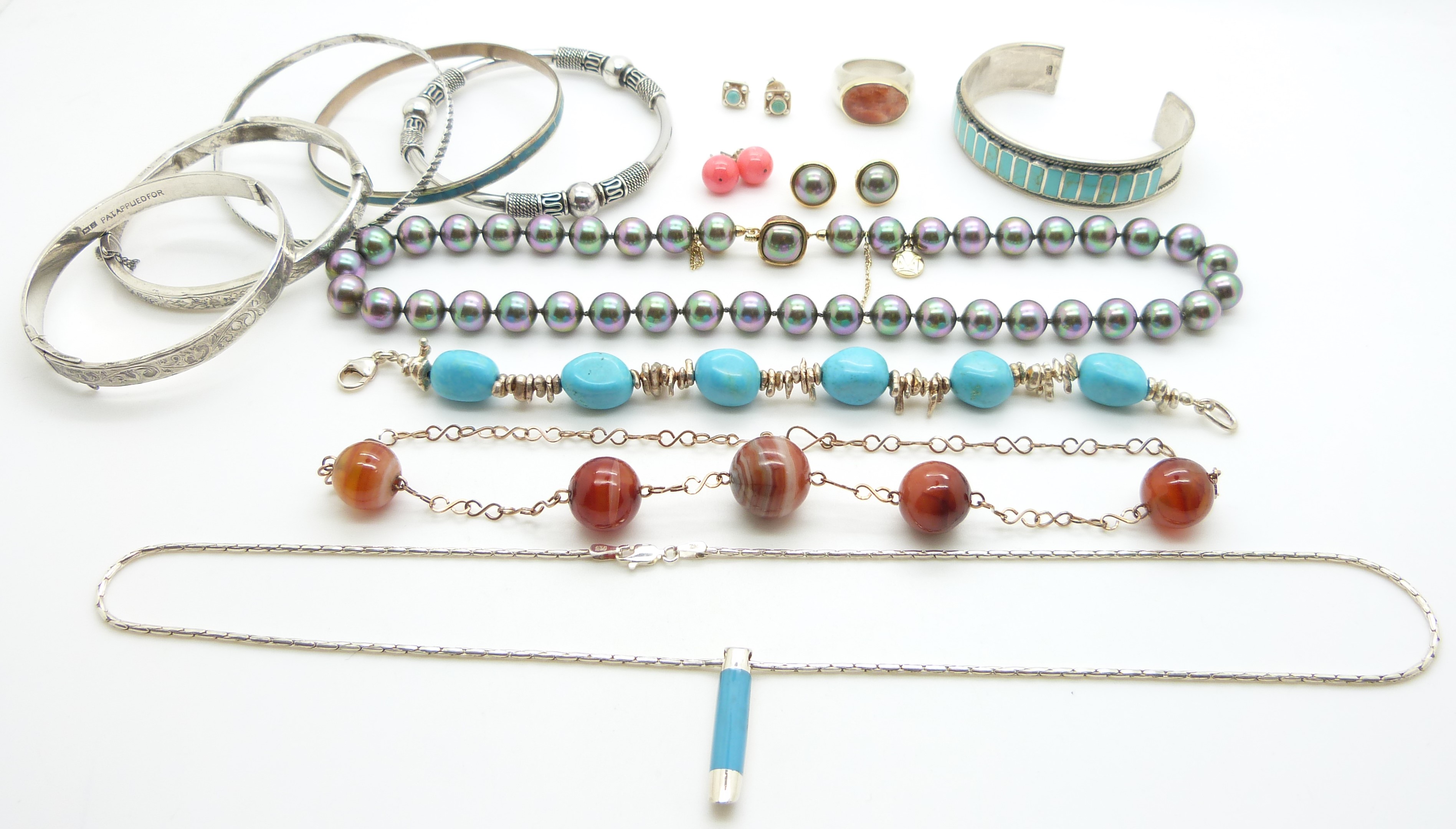 A necklace set with five agate sphere beads, silver bangles, silver ring, faux majorica pearl